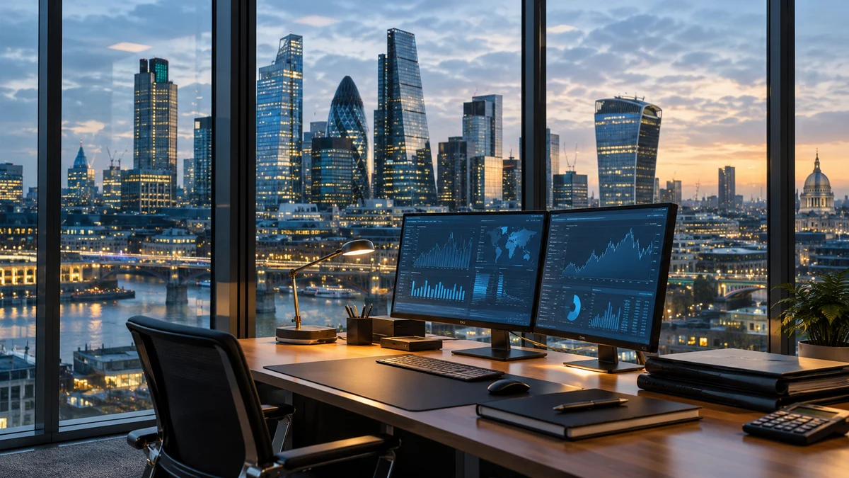 AI-generated concept illustration of a generic financial-operations office overlooking London’s financial district.