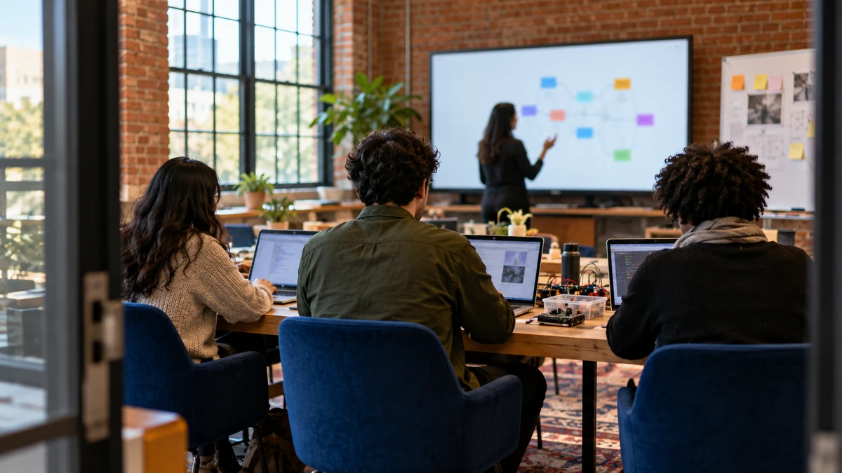 AI-generated concept illustration of adult learners seen from behind at an unbranded technical workshop.