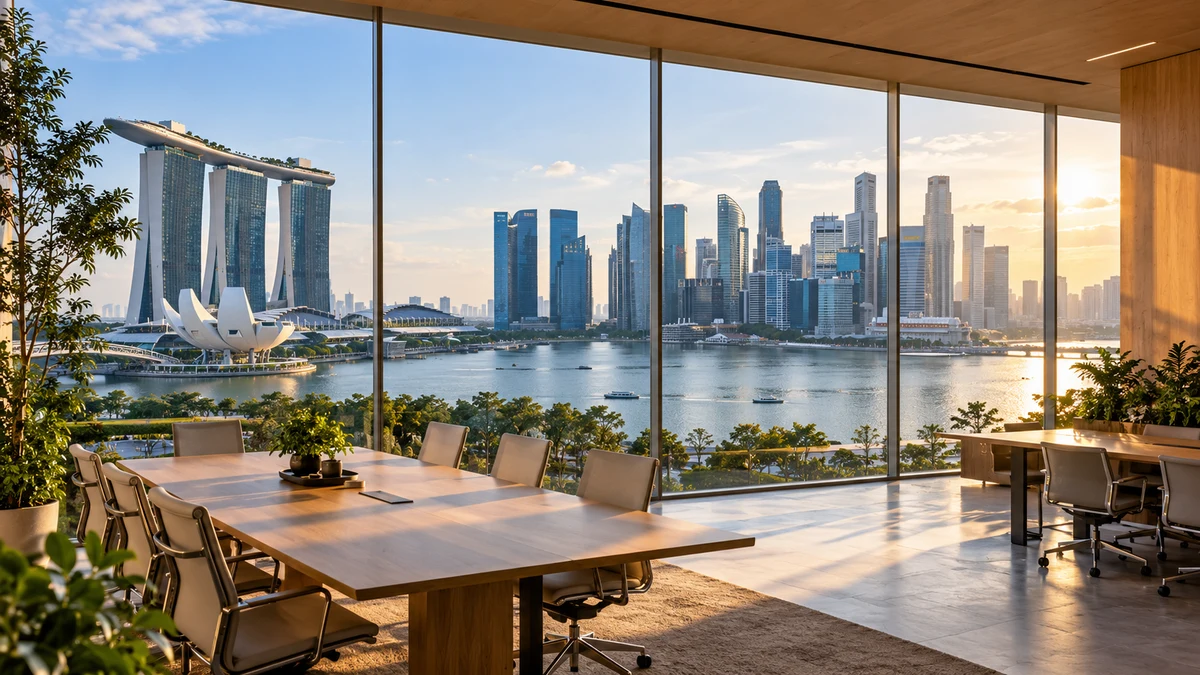 AI-generated concept illustration of an unbranded office overlooking Singapore’s Marina Bay skyline in warm afternoon light.