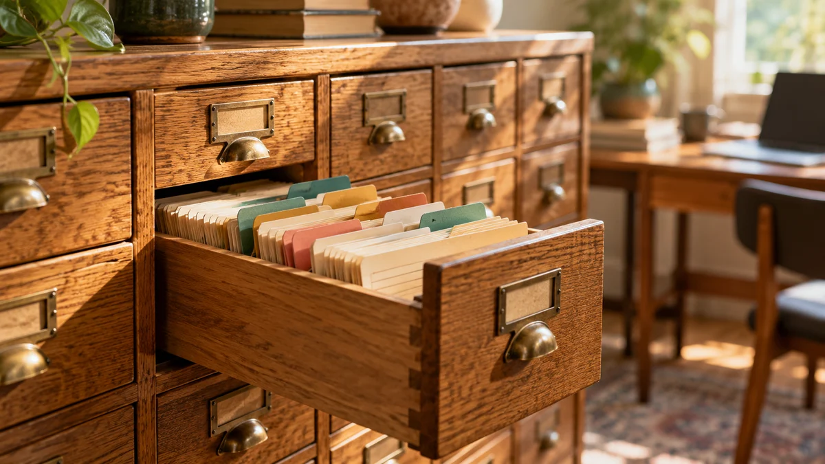 AI-generated editorial illustration of an open wooden library card-catalog drawer with colorful index tabs, a metaphor for retained conversation context.