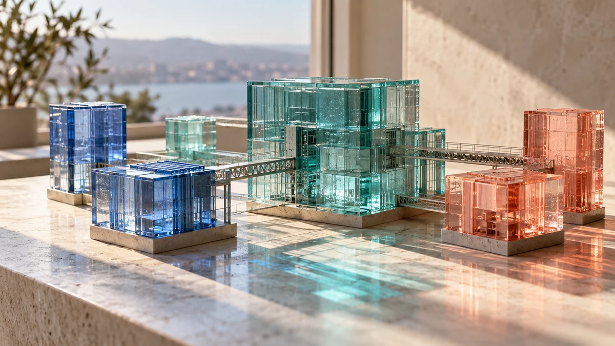 AI-generated editorial illustration of connected colorful glass architectural blocks representing an enterprise software platform.