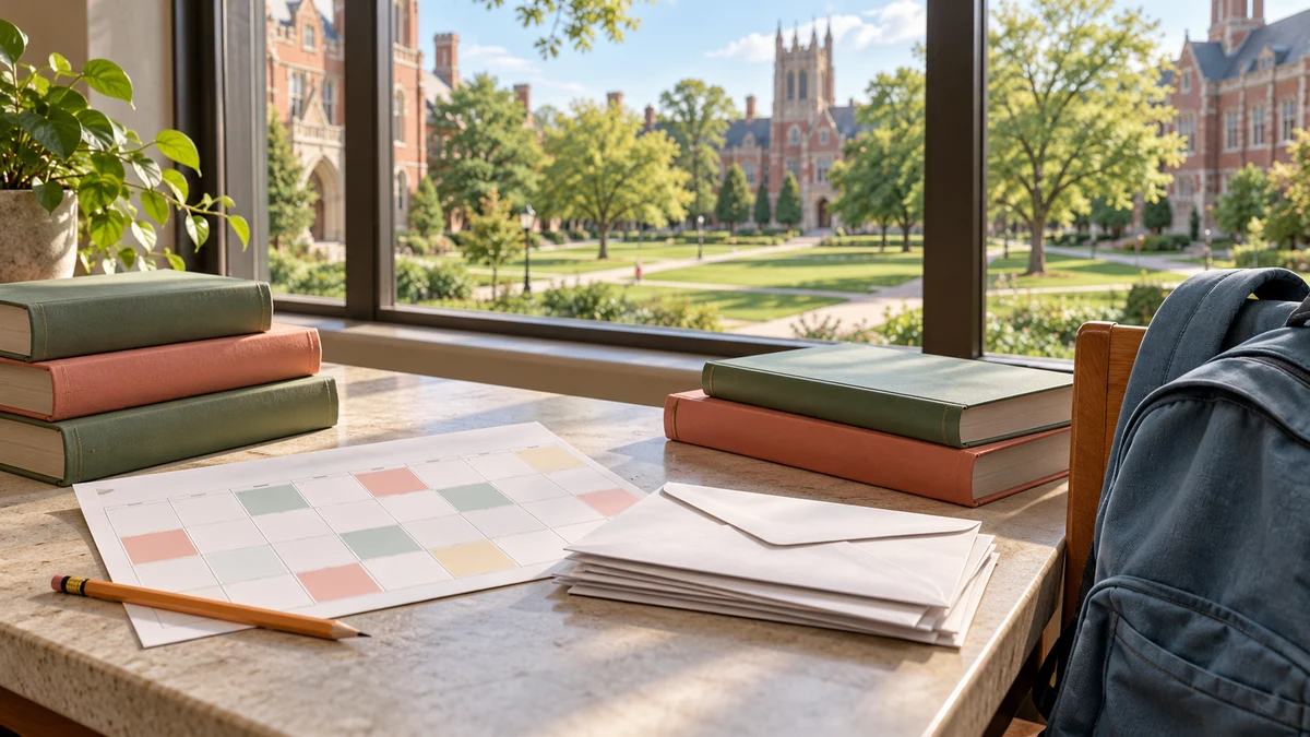 AI-generated editorial illustration of college planning materials on a campus library desk.
