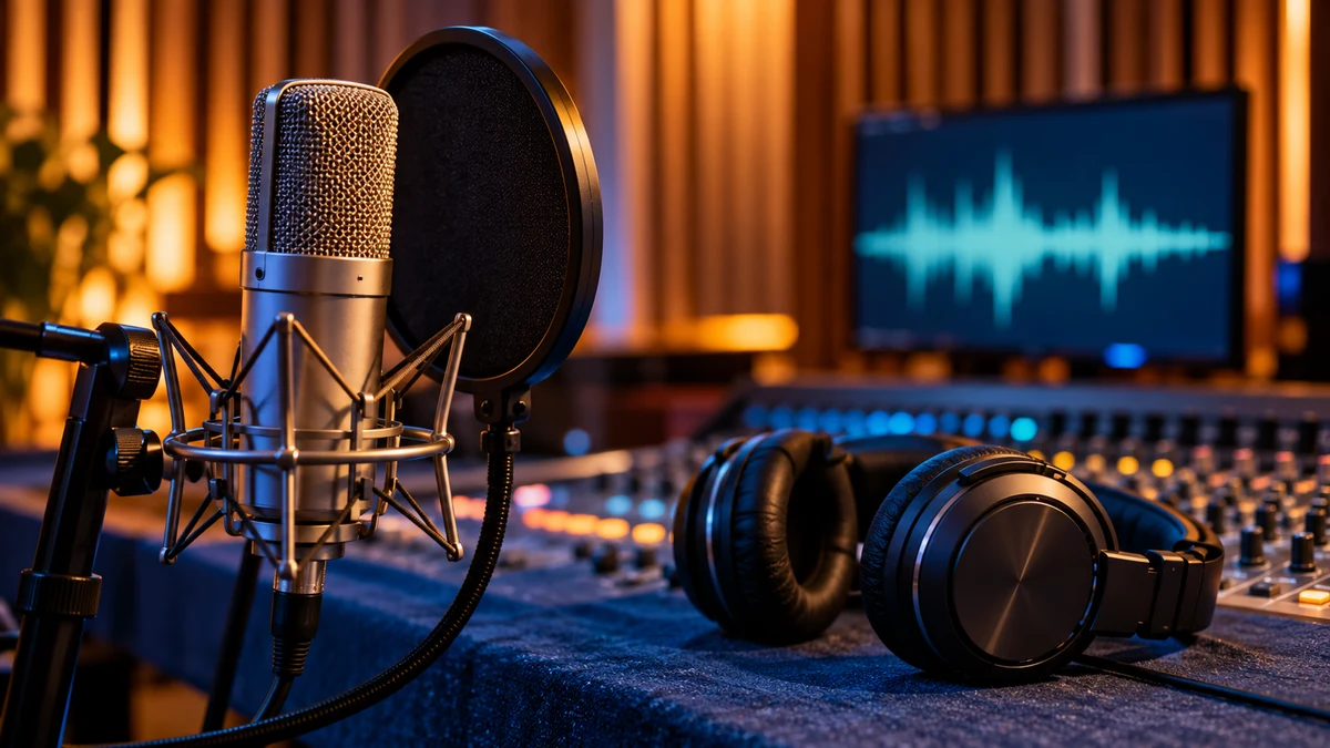 AI-generated editorial illustration of a studio microphone and headphones beside an audio waveform display.