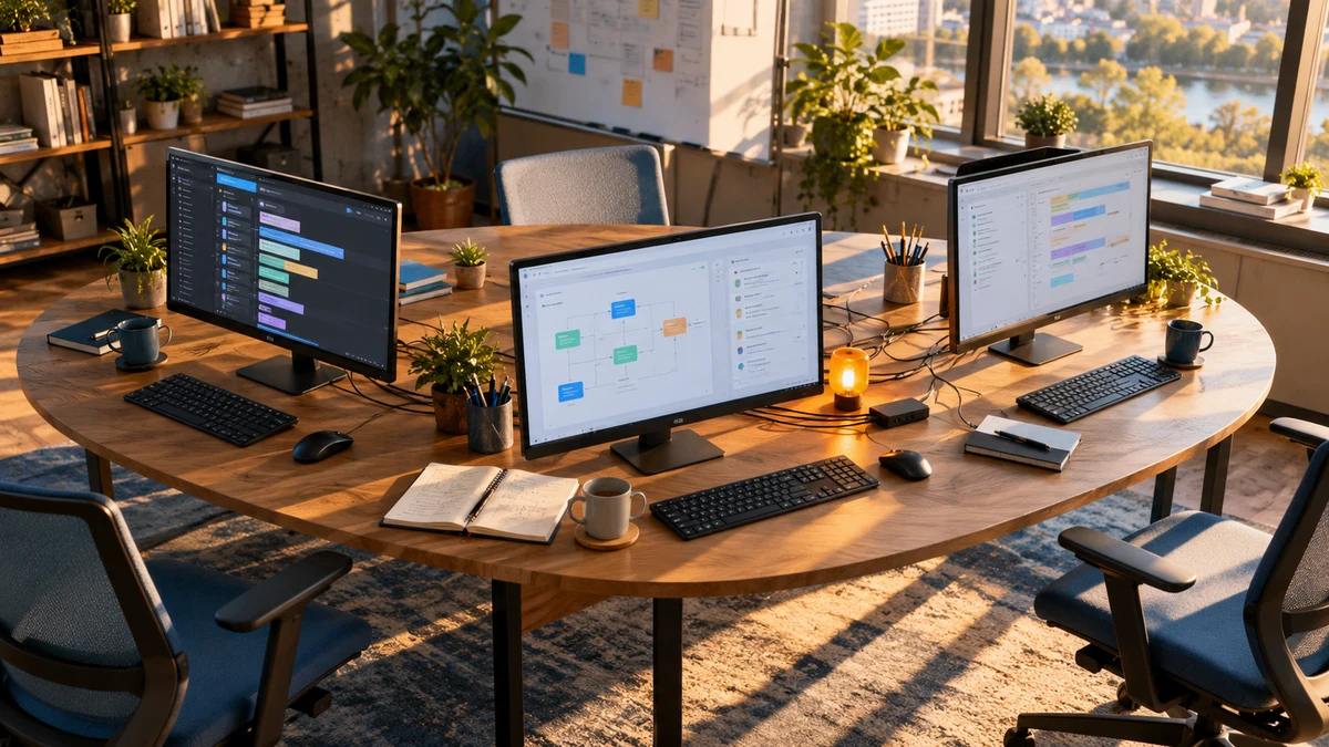 AI-generated editorial illustration of several workstations running separate tasks in a sunlit studio.
