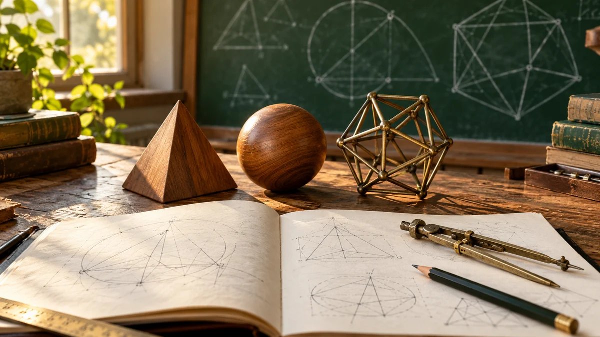 AI-generated editorial illustration of geometric wooden solids beside mathematical working notes in a sunlit study.
