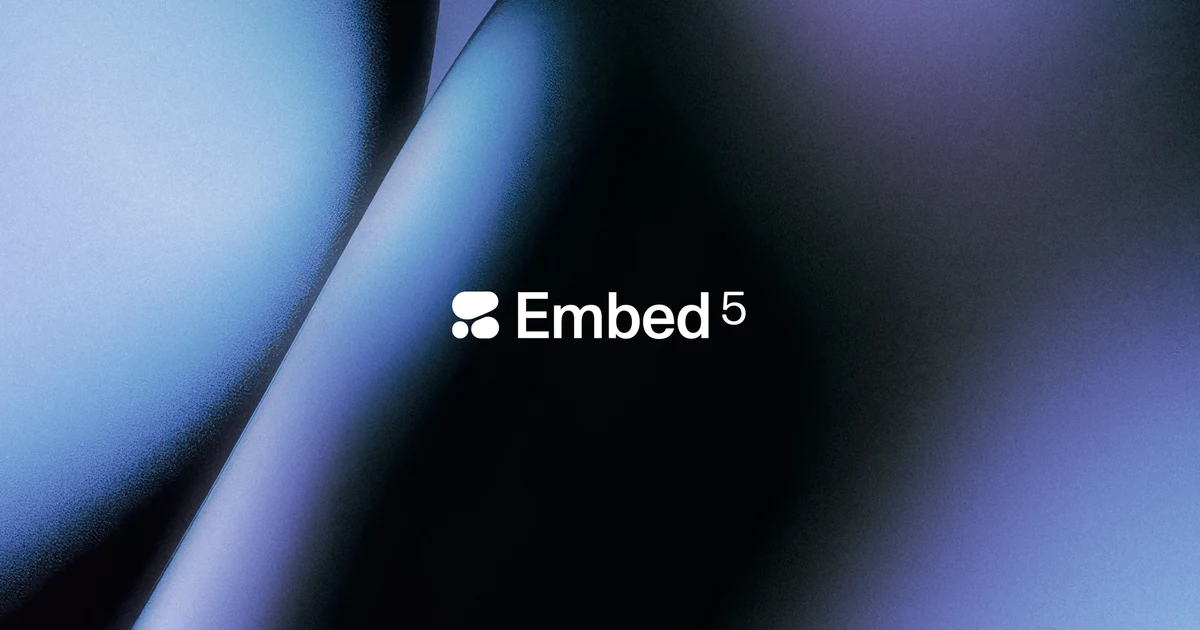 Official Embed 5 launch artwork with its name on blue and purple folded forms.