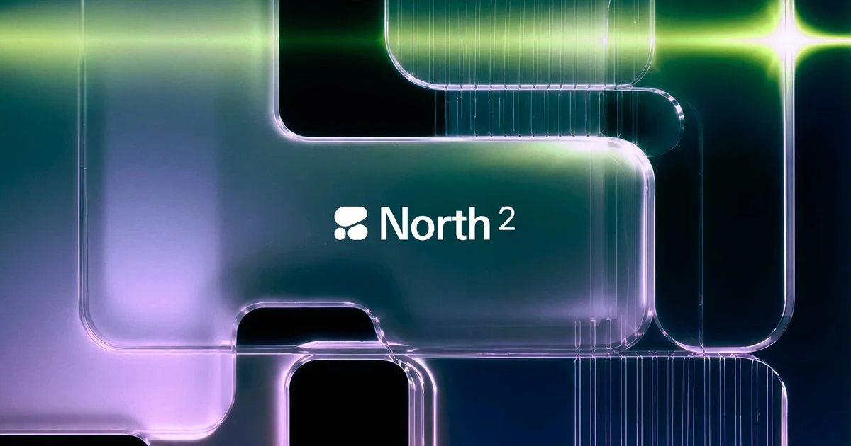 Official North 2 launch artwork with its name over green and purple illuminated glass-like forms.