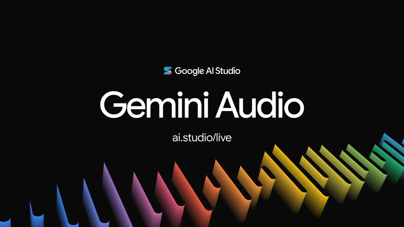 Gemini Audio and Google AI Studio release title on a black background above colorful wave shapes.