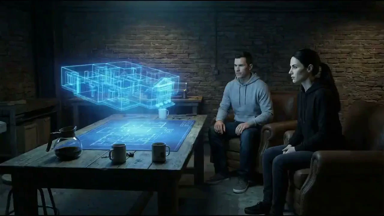 AI-generated demonstration still of two people reviewing a glowing blue house model in Google Research video co-director work.