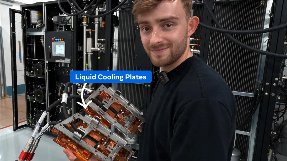 Tom Shaw holds liquid cooling plates in front of server cooling equipment.