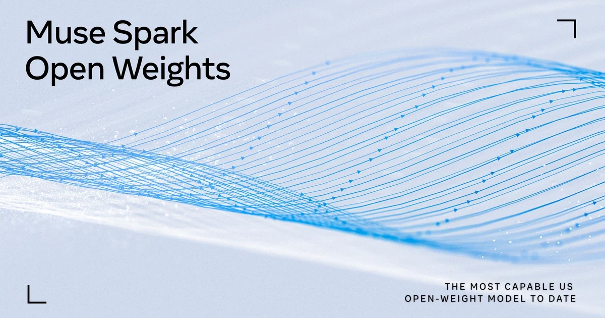 Official Muse Spark Open Weights announcement artwork with blue flowing arrows on a pale background.