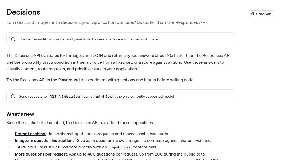 Screenshot of OpenAI’s official Decisions documentation, showing general availability, the decisions endpoint, GPT-6 Luna and the listed GA additions.