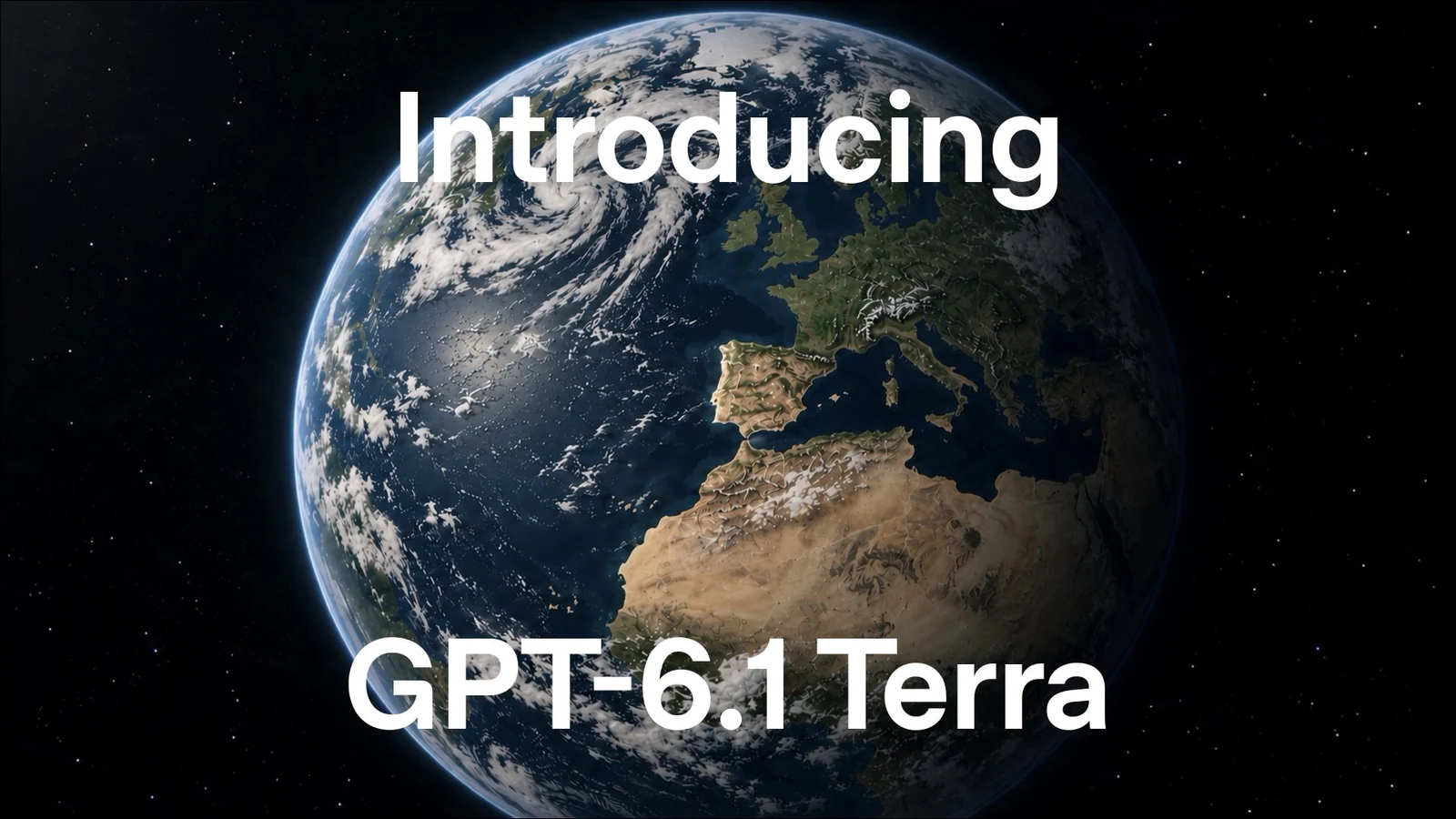 Official GPT-6.1 Terra launch-video cover showing Earth from space with the words Introducing GPT-6.1 Terra.