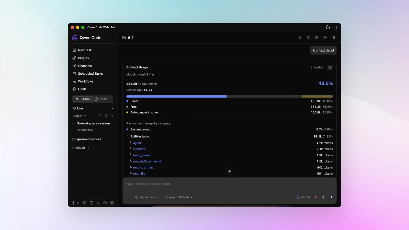 Qwen Code context panel breaking token usage down by source.