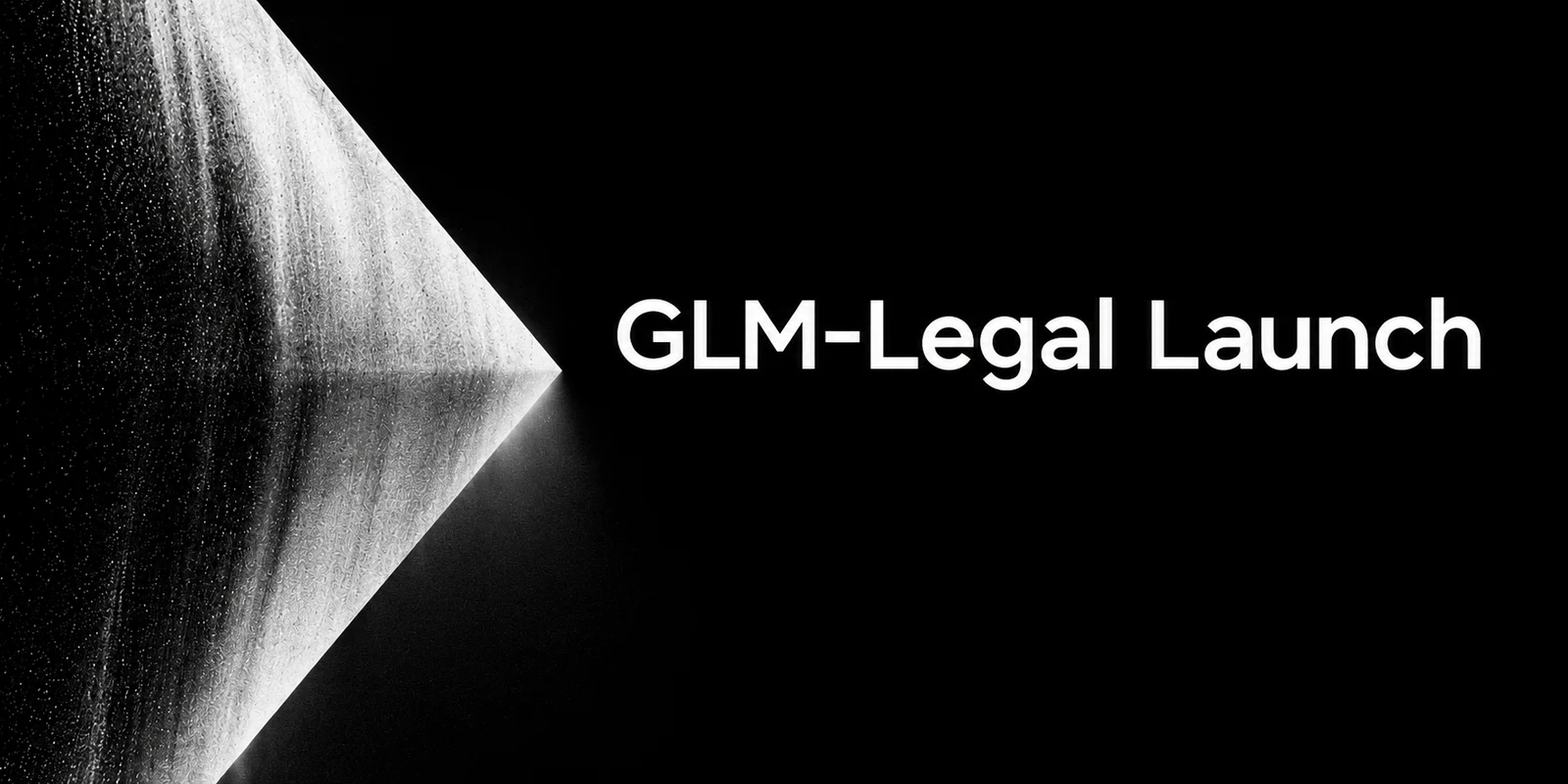 Official GLM-Legal Launch announcement graphic with a silver geometric form on a black background.